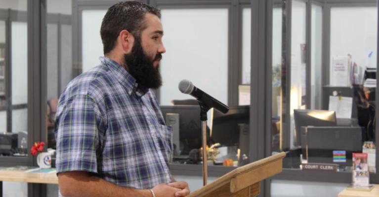 Van citizen Gavin Whitaker was one of two Van citizens to speak to the Van City Council during the open forum of its regular monthly meeting Sept. 9 to discuss the selection process for the hiring of a city parks director. Photo by David Barber