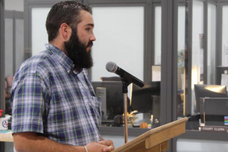 Van citizen Gavin Whitaker was one of two Van citizens to speak to the Van City Council during the open forum of its regular monthly meeting Sept. 9 to discuss the selection process for the hiring of a city parks director. Photo by David Barber