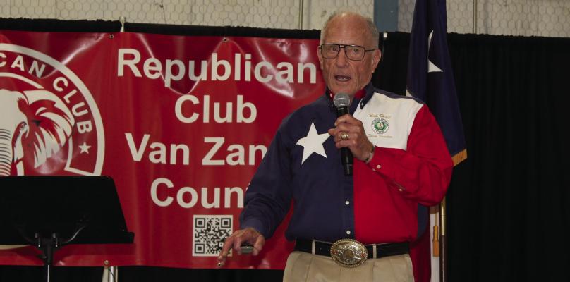 Texas District 2 State Senator Bob Hall, through a video presentation, discussed the dangers of Sharia Law and the need to protect the Constitution during his presentation titled, ‘Don’t Sharia My Texas,’ as he spoke May 18 during the Town Hall Meeting at the Canton Civic Center hosted by the Republican Club of Van Zandt County (RCVZC). Photo by David Barber
