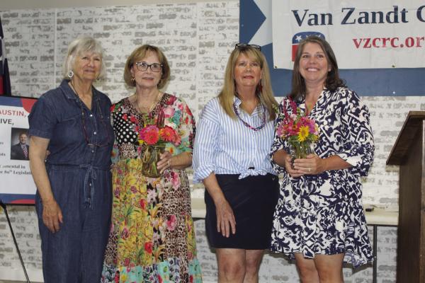 Among those in attendance June 23 for the regular monthly meeting of the Republican Club of Van Zandt County (RCVZC) were left to right, Deborah Decker; Kay Hall, wife of Texas District 2 State Senator Bob Hall; RCVZC Vice-President Suzanne Duke; and Heidi Money, wife of Texas District 2 State Representative Brent Money. Photo by David Barber