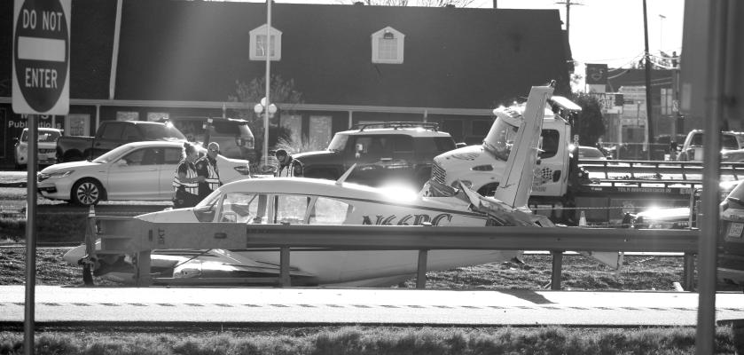 A plane that departed Mesquite the morning of Dec. 18 crashed in an emergency landing early in the afternoon in Forney near the Pinson Road Bridge. The crash caused both sides of U.S. Highway 80 to be shut down. Photo by Bodey Cooper