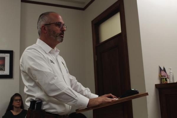 Van Zandt County Sheriff Kevin Bridger met with the VZC Commissioners Court during its regular meeting Dec. 3 to discuss the ratification and reimbursement of air travel for VZC Courthouse Security Training in Nevada. The commissioners’ court approved Bridger’s request in a 3-0 vote. Photo by David Barber