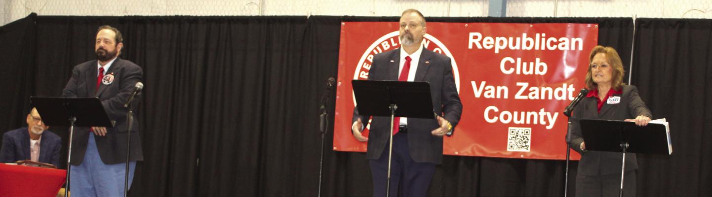 Republican Party candidates seeking the office of Van Zandt County Criminal District Attorney participated in a recent Candidate Debate Forum hosted by the Republican Club of VZC. The candidates were left to right, Joseph Secola, Richard Schmidt, and incumbent Tonda Curry. Photo by David Barber