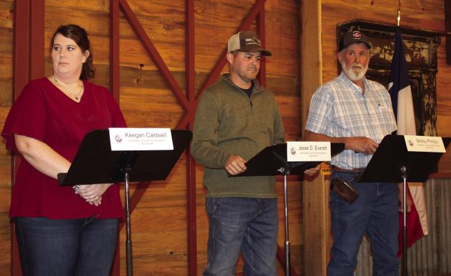 Van Zandt County Pct. 3 Commissioner candidates, left to right, Keegan Caldwell, Jesse Everett, and Bobby Phillips participated in a debate Feb. 19 at The Silver Spur Resort in Canton. Photo by Susan Harris