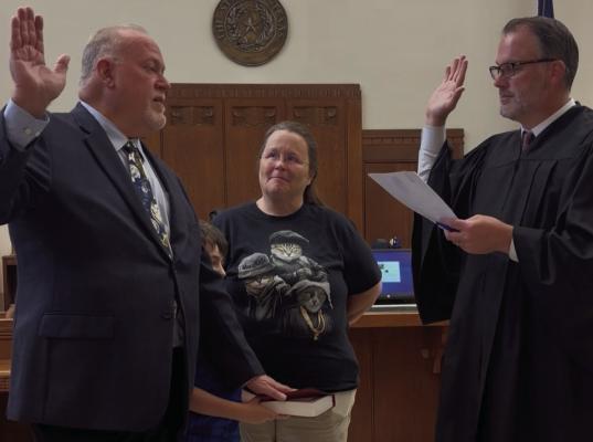 Ben Miraglia (left) was sworn in July 21 as the new Van Zandt County Auditor by VZC District Judge Chris Martin. “Please join us in welcoming him to VZC,” said VZC Judge Andy Reese. “Stop by and introduce yourself when you get an opportunity.” Courtesy photo