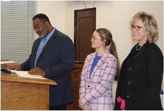 Texas A&amp;M AgriLife Extension Service District Administrator Dr. Hurley Miller introduced Amy Smith-Shively (right) and Allison Morrow as the newest members of the VZC Agrilife Extension office Feb. 15 during the regular meeting of the VZC Commissioners Court. Photo by David Barber