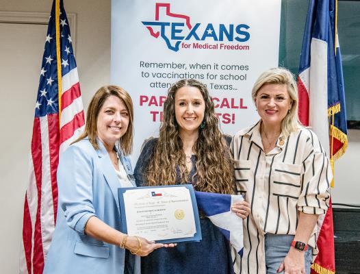The Republican Women of Van Zandt held their regular monthly meeting Sept. 9. Jackie Schlegel, representing Texans for Medical Freedom (center) was the guest speaker. Standing with Schlegel were Jill Dutton, Texas House District 2 State Representative (left) and Amanda Gray, Republican Women of Van Zandt President. Photo by Faith Caughron