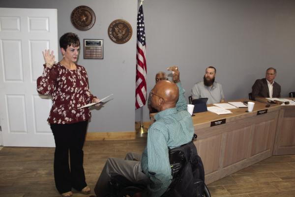 Van Zandt County Pct. 3 Justice of the Peace Herbert Dunn was sworn in as the new City of Wills Point Municipal Judge March 10 during the regular monthly meeting of the Wills Point City Council. The appointment of Dunn was approved unanimously. Administering the oath of office is Wills Point City Secretary Leann Holley. Photo by David Barber