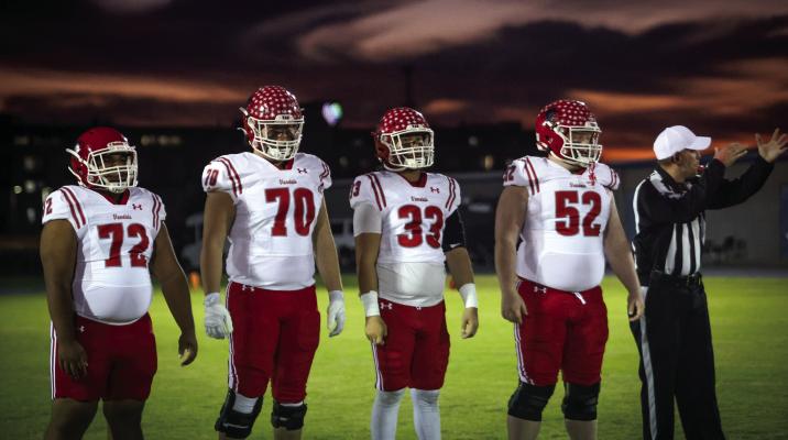The Van Vandals got back on the winning track Oct. 31 with a dominating 58-7 victory over the winless Paris North Lamar Panthers in Paris. Representing the Vandals for the opening coin toss were left to right, James Wright (72), Karter Broyles (70), Waylon King (33), and Collier Bryant (52). Photo by Liz Hinch