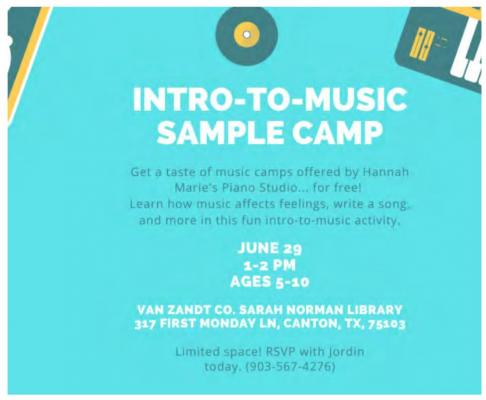 Van Zandt County Library to host free intro to music camp