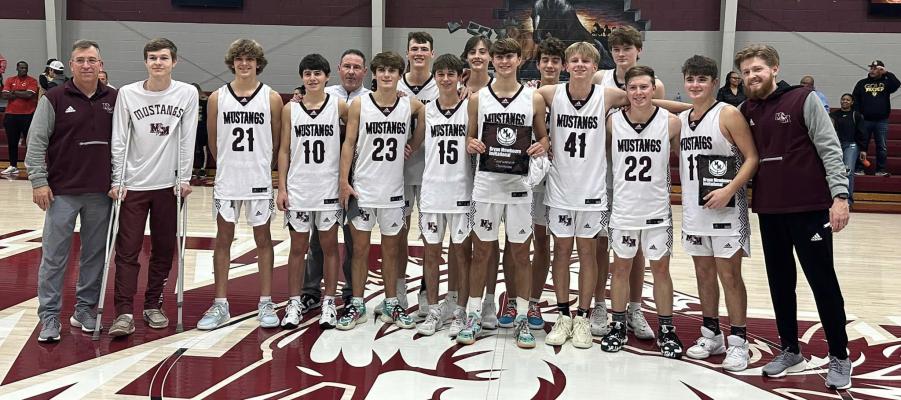 The Martins Mill Mustangs topped a field that included Redwater, Beckville, Texline, Grapeland, Nazareth, New Home, Waskom, Rusk, Joaquin, Lipan, Brook Hill, Tatum, West Rusk, Commerce, Timpson, Rains, Harmony and Chapel Hill to win the 2022 Bryan Mewbourn Invitational. Photo courtesy of the Martins Mill Athletic Booster Club FB Page