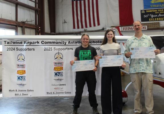 Scholarship winners announced at the Tailwind Airpark Community Aviation Scholarship (TACAS) Awards Ceremony included Ronald Buie, Katherine Burns, and Elizabeth Loghry. Not pictured were Hudson Barron and Zachary Eiselt. Each of the winners were also awarded a $5,000 scholarship to be used for flight training. Photo by Susan Harris