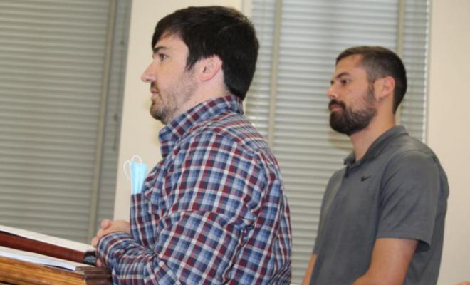 Fruitvale Water Supply Corporation Engineer Jacob Dupuis (left) spoke to the Van Zandt Commissioners Court . Photo by David Barber