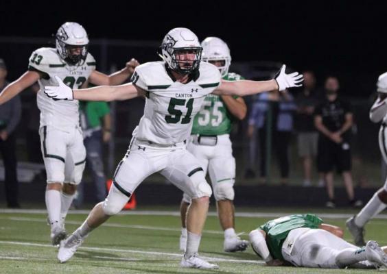 Jacob Elliott celebrates after making a big play in the backfield against Mabank last week. The Eagles were scheduled to be back in action Sept. 24 in Ferris. Photo by Lianna Reid