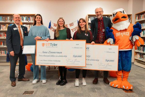Three Martins Mill High School seniors received surprise visits recently from UT-Tyler. Reese Hataway (third from right) and Anna Zimmerman (third from left) were named as 2025 Honors Scholars and have been accepted into the UT-Tyler Honors College. Another MMHS senior, Ruthie Mein (second from left), received a $2,000 per year scholarship from UT-Tyler. Courtesy photo