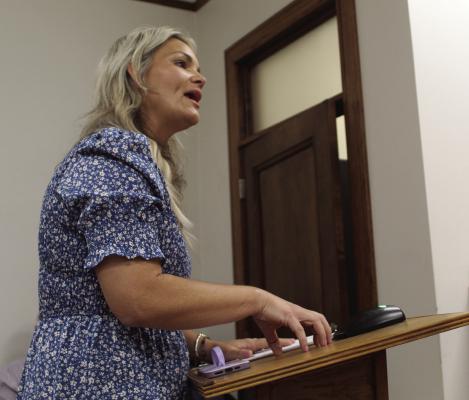 Kate Keierleber of the Wills Point ISD Education Foundation was among a number of speakers during an extended workshop session to discuss the 2022 Van Zandt County Game Room Ordinance. The workshop was held during the regular meeting of the Van Zandt County Commissioners Court May 6. No action was taken by the commissioners’ court regarding the ordinance. Photo by David Barber