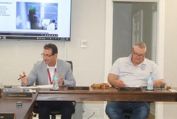 Van ISD Superintendent Don Dunn (left) addresses a question from a school board member Aug. 19 during the regular monthly meeting of the Van School Board. Sitting next to Dunn is Van School Board President Lesley Goode. Photo by David Barber