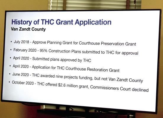 The application for a 2024-25 Texas Historical Commission Courthouse Grant was approved by the Van Zandt County Commissioners Court. Through a presentation, VZC Judge Andy Reese discussed the process, past and present, in applying for the grant. Photo by David Barber