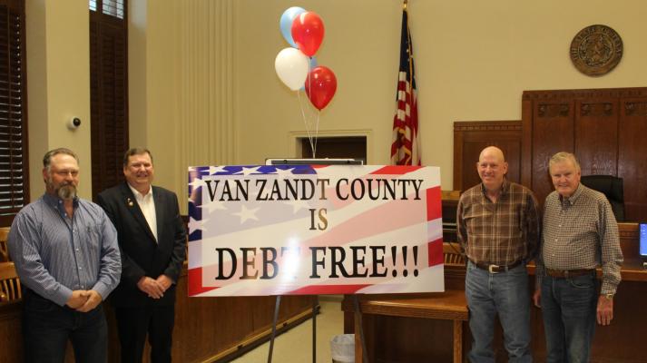 Among those in attendance April 13 for the Van Zandt County Debt-Free Ceremony were left to right, VZC Pct. 1 Commissioner Chad LaPrade, VZC Judge Don Kirkpatrick, VZC Pct. 3 Commissioner Keith Pearson and VZC Pct. 4 Commissioner Tim West. Not pictured is VZC Pct. 2 Commissioner Virgil Melton Jr., who was out of town and unable to attend. Photo by David Barber