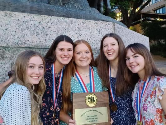 The Martins Mill High School Journalism Team bested the field at the UIL State Contest, winning the 2023 State Championship. Individual honors included Madi Gurley winning State in Feature Writing, Reese Hataway winning State in Copy Editing, Ruthie Mein placing fifth in Headline Writing, Makayla McLemore placing fifth in News Writing and Isabella Sanderson placing sixth in Feature Writing. Courtesy photo