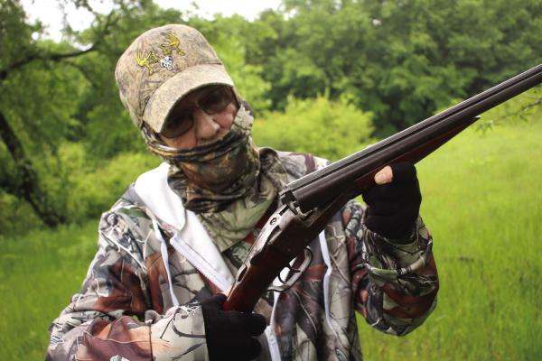 More hunters are using the little .410 shotgun to go after their spring gobbler. Loaded with #9 tungsten shot, the 410 is becoming a popular turkey gun. Bill Carey with Striper Express on Lake Texoma is shown with his double barrel Stevens Springfield .410. Photo by Luke Clayton