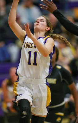 Kaley Nicholson, pictured during play against Mount Pleasant, set and Edgewood record with nine made three-pointers during the team’s 56- 38 win over Scurry-Rosser Dec. 7. Photo by Joshua McConnell/JM Designs