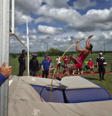 Gusty winds kept competitors in the pole vault on their toes throughout the Bluebird Relays at Ken Autry Davis Field. Photo by David Kapitan