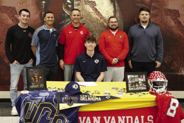Van Vandal receiver Caden Rowe signed a National Letter of Intent to play college football at the University of Central Oklahoma in Edmond,