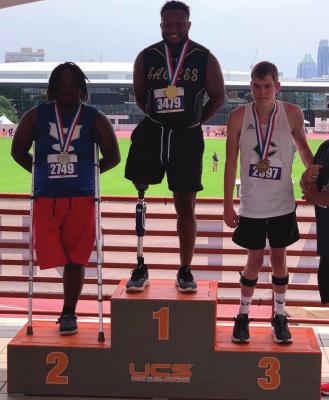 Jaxson Hubble, far right, capped his freshman season by placing third overall in the seated shot put at the Class 4A State Track and Field Meet at Myers Stadium in Austin. Courtesy photo
