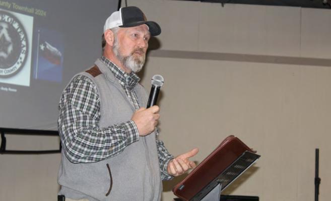 Van Zandt County Pct. 1 Commissioner Chad LaPrade was one of the primary speakers Feb. 12 during the VZC Pct. 1 Town Hall Meeting at the Grand Saline Chamber Pavilion. See story on page 5A. Photo by David Barber