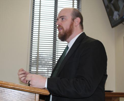 Van Zandt County Assistant District Attorney Tyler Woudwyk, in the absence of VZC Criminal District Attorney Tonda Curry, made a request to the VZC Commissioner Court during its regular meeting Jan. 18 to reapply for the Victims of Crimes Act (VOCA) grant to fund the Victims Assistance Project for the 2023-24 term. The request was approved by the court. Photo by David Barber
