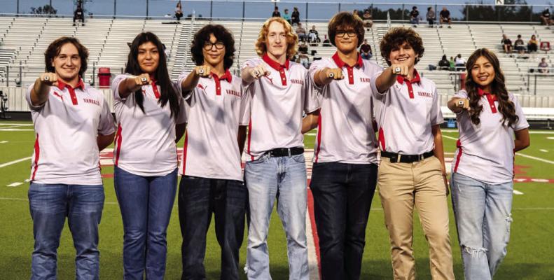 The Van High School Social Studies Team received their 2024 Class 4A State Championship rings during a pre-game ceremony Oct. 25 at Van’s Memorial Stadium prior to the start of the varsity football game between the Van Vandals and the Pittsburg Pirates. Team members included Reed Reynolds, Abril Correa, Joey Guerra, Henry Jackson, Aiden Ragsdale, Lane Weems, Starla Zarate and UIL Sponsor Jon Perkins. Photo by Jillian Veader, V8R Photography