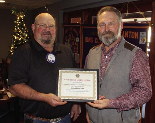 A ‘Certificate of Appreciation’ was presented to Van Zandt County Pct. 1 Commissioner Chad LaPrade, right, following his presentation during the weekly luncheon of the Canton Lions Club Dec. 6. The certificate was presented by Canton Lions Club Second Vice-President Sandy Sims. Photo by David Barber