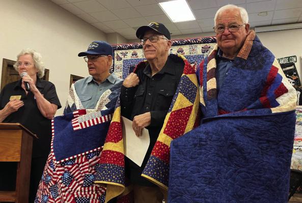 Quilts of Valor were presented to three Van Zandt County Veterans during the recent Texas Star Quilters Guild in Canton. The recipients included Navy Veteran Ken Looney, Air Force Veteran Will Mathers, and Army Veteran Bill Looney. Courtesy photo