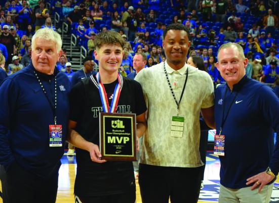 Martins Mill Mustang senior shooting guard Jak Kinder was named as the Most Valuable Player (MVP) of the Class 2A, Division 2, boys’ State Championship game March 6 at The Alamodome in San Antonio. The Mustangs won the school’s first boys’ state title since 1949 with a 55-43 victory over two-time defending champion Lipan. Photos courtesy of the Martins Mill High School Yearbook Staff