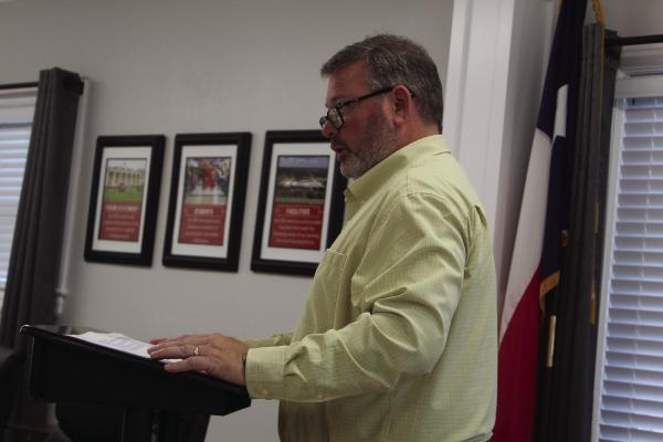 Van ISD Director of Business/Finance Danny Morrow presented a proposed tax rate of $0.94900 to the Van School Board during its regular monthly meeting July 31. The proposed tax rate represented a 3.65 cent (3.70 percent) reduction from 2024-25, according to Morrow. The trustees unanimously approved the proposed tax rate. Photo by David Barber