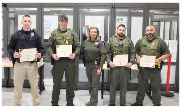 City of Van Police Chief Melissa Davis (middle) recognized four of her officers with ‘Life Saving’ certificates Feb. 9 during the regular monthly meeting of the Van City Council. Those recognized included left to right, Josh Scots, Caleb Hemphill, Robert Carlsen, and Eric Doering. The officers were recognized for recent life-saving efforts on and off duty. Photo by David Barber