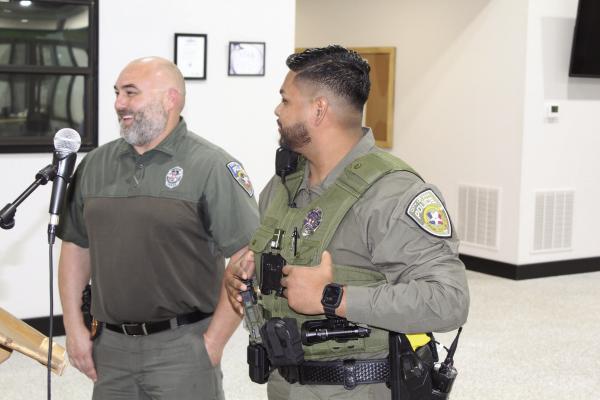 Jesus Aguilera (right) was introduced by Van Police Chief Eric Doering as the newest Van Police Department officer Dec. 11 during the regular monthly meeting of the Van City Council. Aguilera comes to Van after previously working for the Marshall Police Department. Photo by David Barber