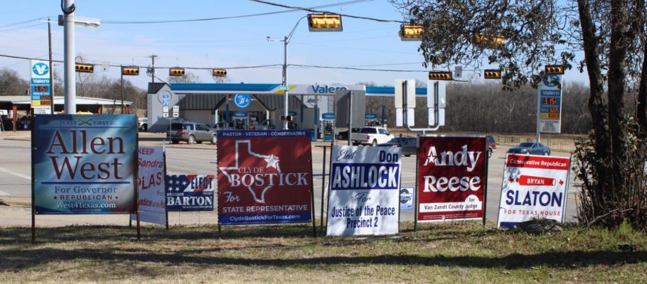 Election signs line the driveway of the Donut Corner drive thru in downtown Canton. Photo by Britne Hammons