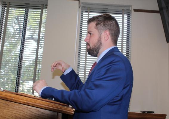 Attorney Zach Hobbs of the Elliott Law Firm in Canton, representing the Ben Wheeler Fire Department Board of Directors, visited with the Van Zandt County Commissioners Court Dec. 21 to discuss a request for reinstatement of funding from VZC to the Ben Wheeler Fire Department. In a 3-2 vote, the commissioners’ court denied the request. Photo by David Barber