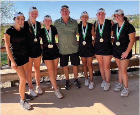 The Canton Eaglettes’ golf team finished in first place Sept. 26 at the Whitestone Invitational. Team members are left to right, Casey White, Caroline Stern, Taryn Clayton, Coach Tommy Day, Bella Irwin, Jessica Lea, and Jayme Robertson. Courtesy photo