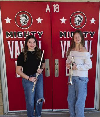 Two Van High School Band members were recently named to the Class 4A All-State Band. They were senior Alexus Cater, flute (left) and junior Lillian Marple, trumpet. The All-State Band members were recognized by the Van School Board Feb. 16 during its regular monthly meeting. Courtesy photo
