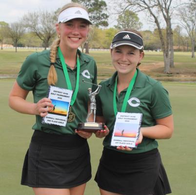 Taryn Clayton (at right) and Caroline Stern (left) finished first and second overall at the District 14-4A Golf Tournament April 4. Courtesy photo