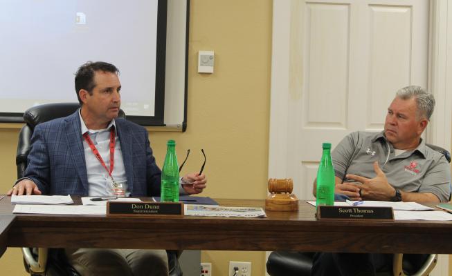 Van ISD Superintendent Don Dunn (left) discussed educational topics expected to be presented during the next session of the Texas Legislature scheduled for January 10, 2023, as he met with members of the Van School Board Sept. 19. Also shown is Van School Board President Scott Thomas. Photo by David Barber