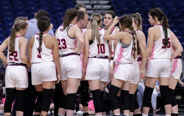 Martins Mill Lady Mustang Head Coach Jay Bruce discusses offensive and defensive strategies March 2 during the Class 2A State Championship game against Nocona.