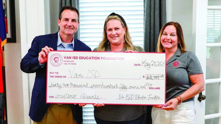 A donation check totaling $62,759.69 for 2024-25 grants was presented to Van ISD Superintendent Don Dunn by representatives from the Van ISD Educational Foundation May 20 during the regular monthly meeting of the Van School Board. Photos courtesy of the Van ISD Facebook page