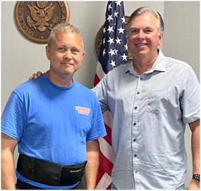 U.S. Army Veteran John Mumby, left, stopped by the Wills Point City Council meeting Oct. 11 to speak about his walk across the state to raise awareness for Gulf War Illness. Mumby began his journey in Waskom, and is anticipating reaching El Paso by mid-December. Courtesy photo