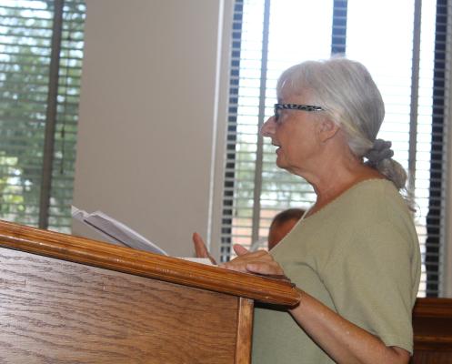Van Zandt County Democratic Party Vice-Chairman Ann Nelson voiced her concerns during the regular meeting of the VZC Commissioners Court July 5 about a potential hand-counting of votes following the upcoming Nov. 7 General Election. A proposal on the subject was tabled by the commissioners’ court. Photo by David Barber