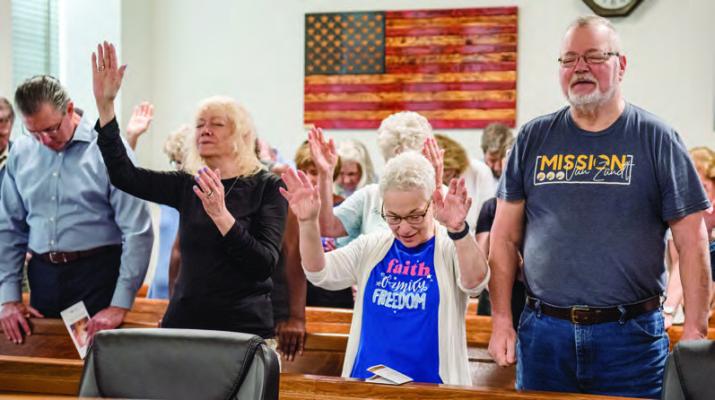 The 73rd annual National Day of Prayer ceremony drew a nearly standing room only crowd May 2 at the Van Zandt County Court at Law Courtroom inside the VZC Courthouse. A number of speakers, including area Pastors and VZC Judge Andy Reese, led those in attendance in prayer throughout the program. Photo by Faith Caughron