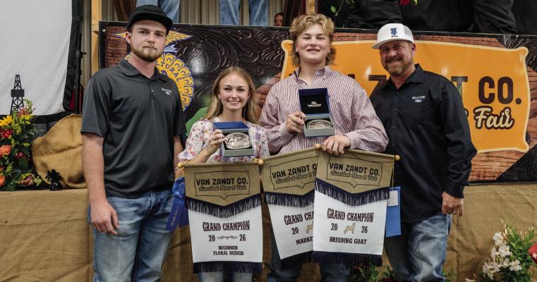 The Grand Champion Goat sold to Wills Point Ford, Wills Point Chevrolet, Lucas Janda, Lanny Jones, Patrick Woods, Goodwin-Lasiter- Strong and P&amp;W Welding, shown by Bryson Cooper, Wills Point FFA for $8,500.00.  Photo by Faith Caughron